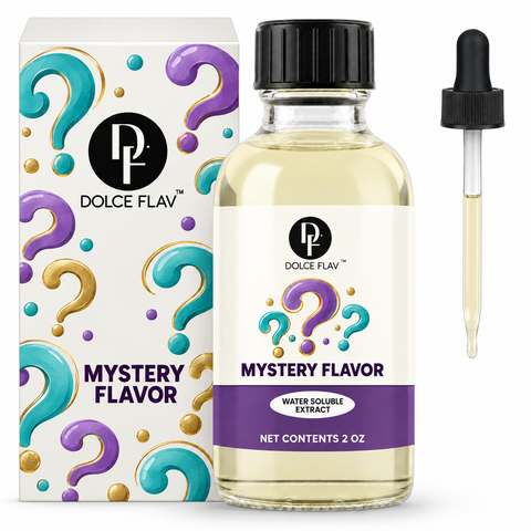 Dolce Flav Mystery Flavor water-soluble extract, 2 oz bottle with illustrated carton and separate dropper.