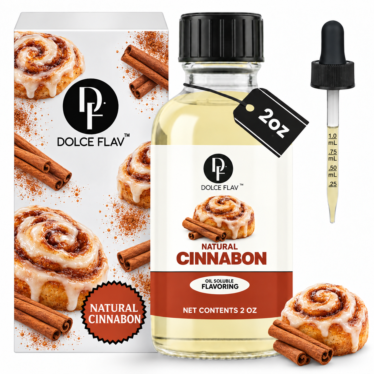 Dolce Flav Natural Cinnabon Flavoring oil-soluble 2 oz bottle with illustrated carton and dropper