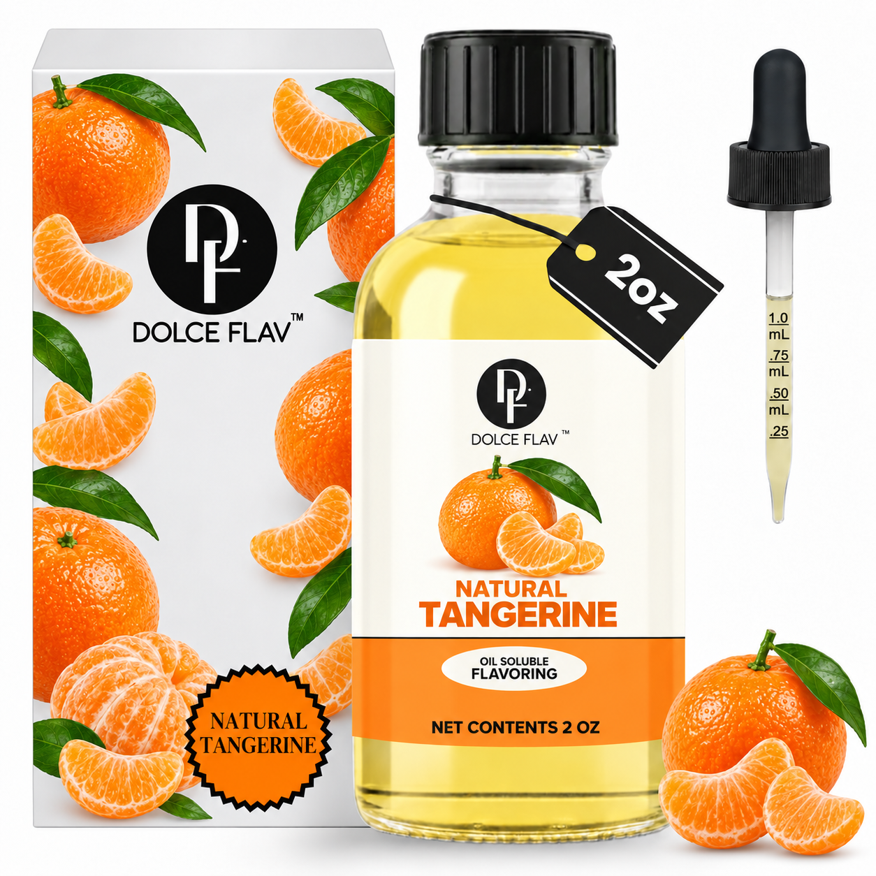 Dolce Flav Natural Tangerine Flavoring oil-soluble 2 oz bottle with illustrated carton and dropper