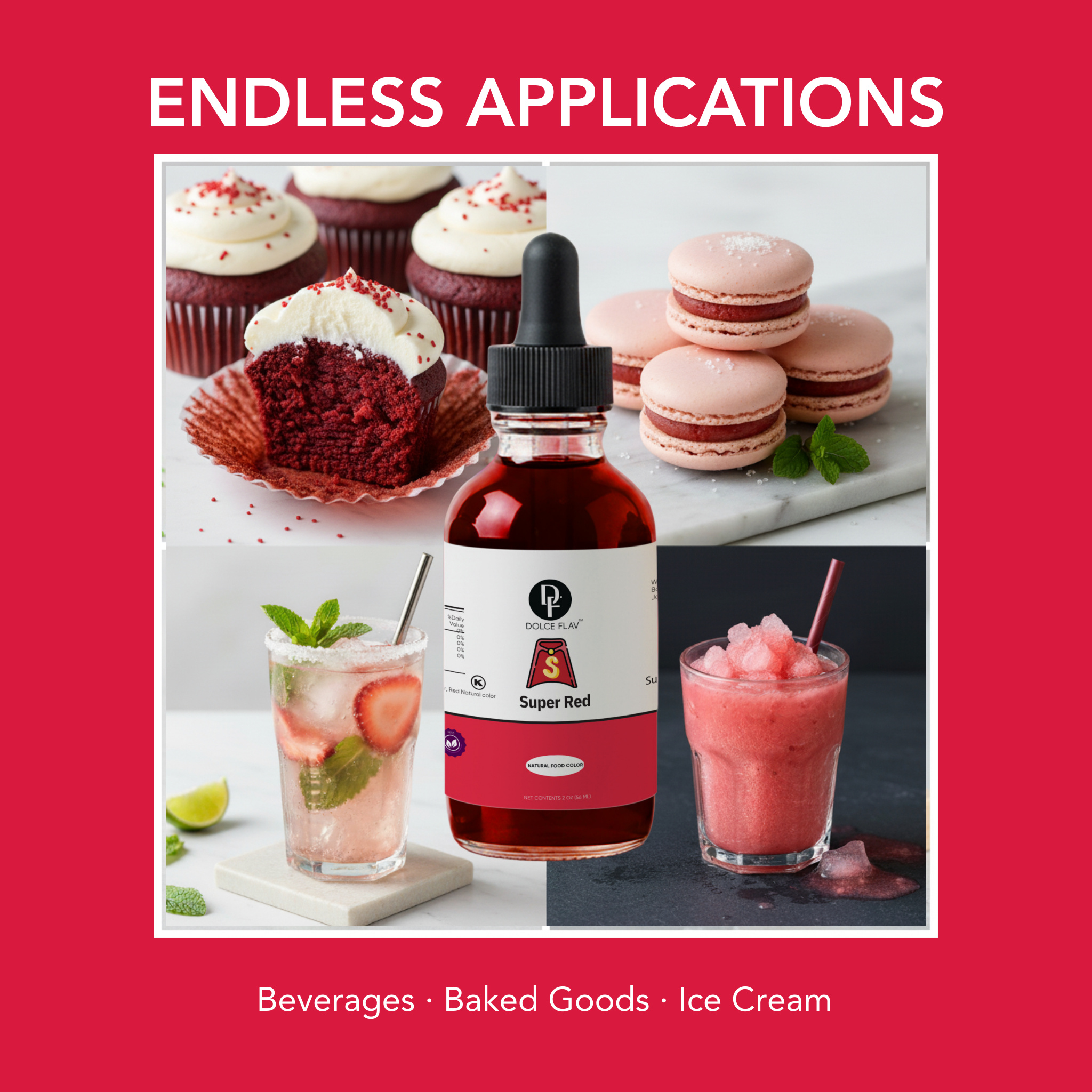 Bottle of Super Red liquid with images of red velvet cake, cupcakes, macarons, and drinks on a red background.