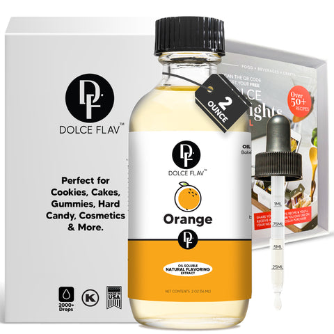 A bottle of Dolce Flav oil-soluble orange flavoring with an orange label, next to its packaging box which has 'Orange' and '2 oz' printed on it. The product is described as perfect for kitchen use and gifting.