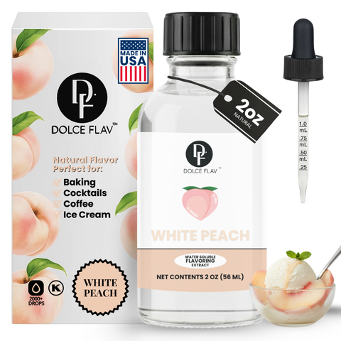 Dolce Flav White Peach flavor extract bottle with packaging and ice cream with peaches.