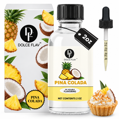 Dolce Flav Pina Colada Flavoring oil-soluble 2 oz bottle with illustrated carton and dropper