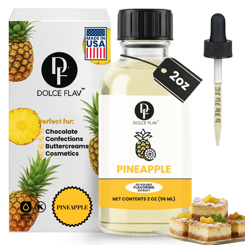 Dolce Flav pineapple flavoring extract with packaging, dropper, and pineapple illustrations.