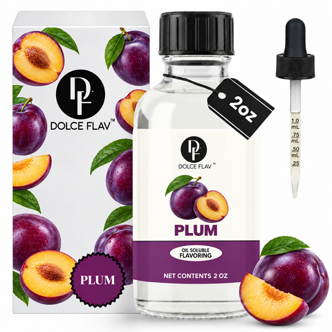 Dolce Flav Plum Flavoring oil-soluble 2 oz bottle with illustrated carton and dropper