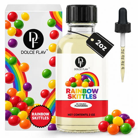 Dolce Flav Rainbow Skittles oil-soluble flavoring, 2 oz bottle with illustrated carton and separate dropper.