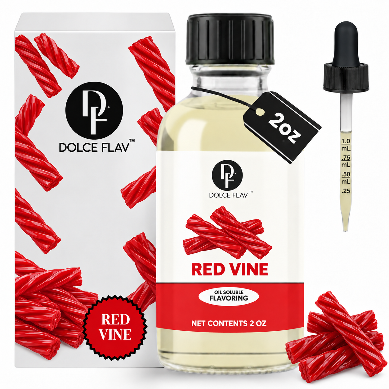 Dolce Flav Red Vine oil-soluble flavoring, 2 oz bottle with illustrated carton and separate dropper.
