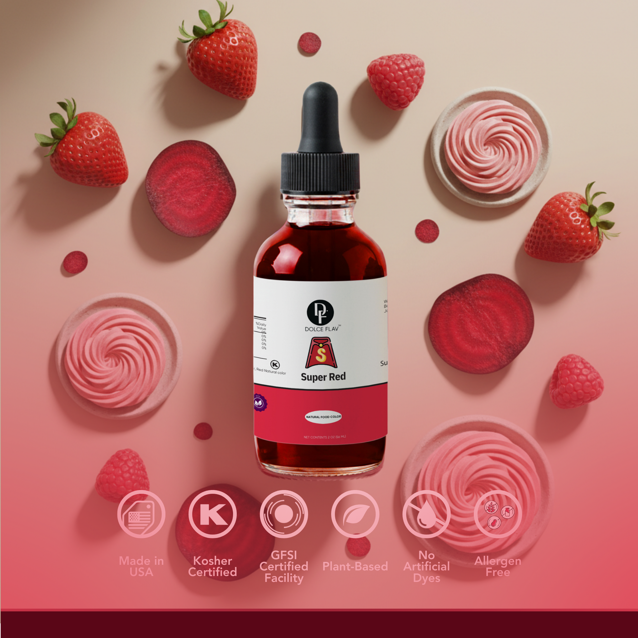 Bottle of Super Red liquid with strawberry and raspberry elements on a pink background