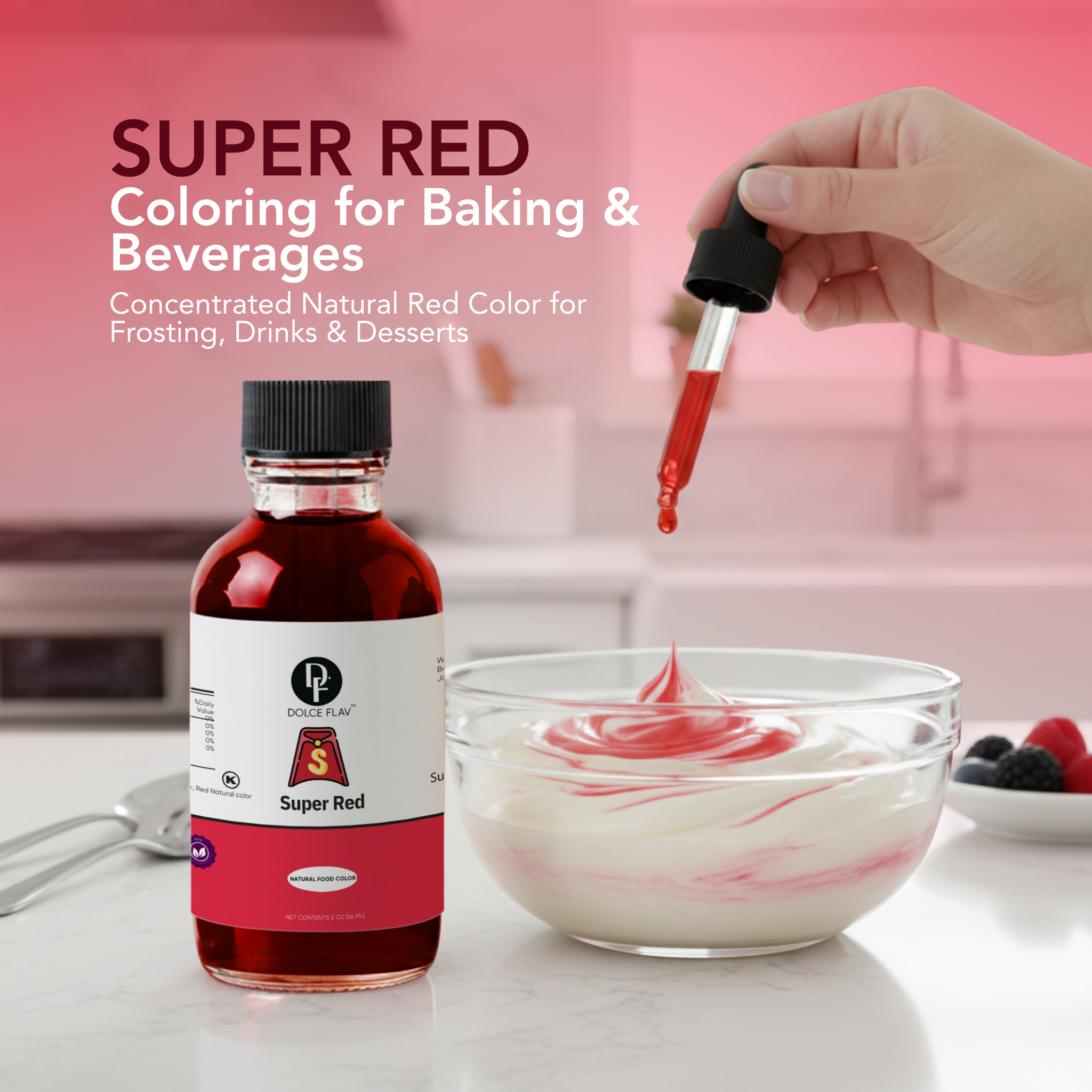 Super Red coloring bottle with dropper being used on yogurt, with text about its use in baking and beverages.