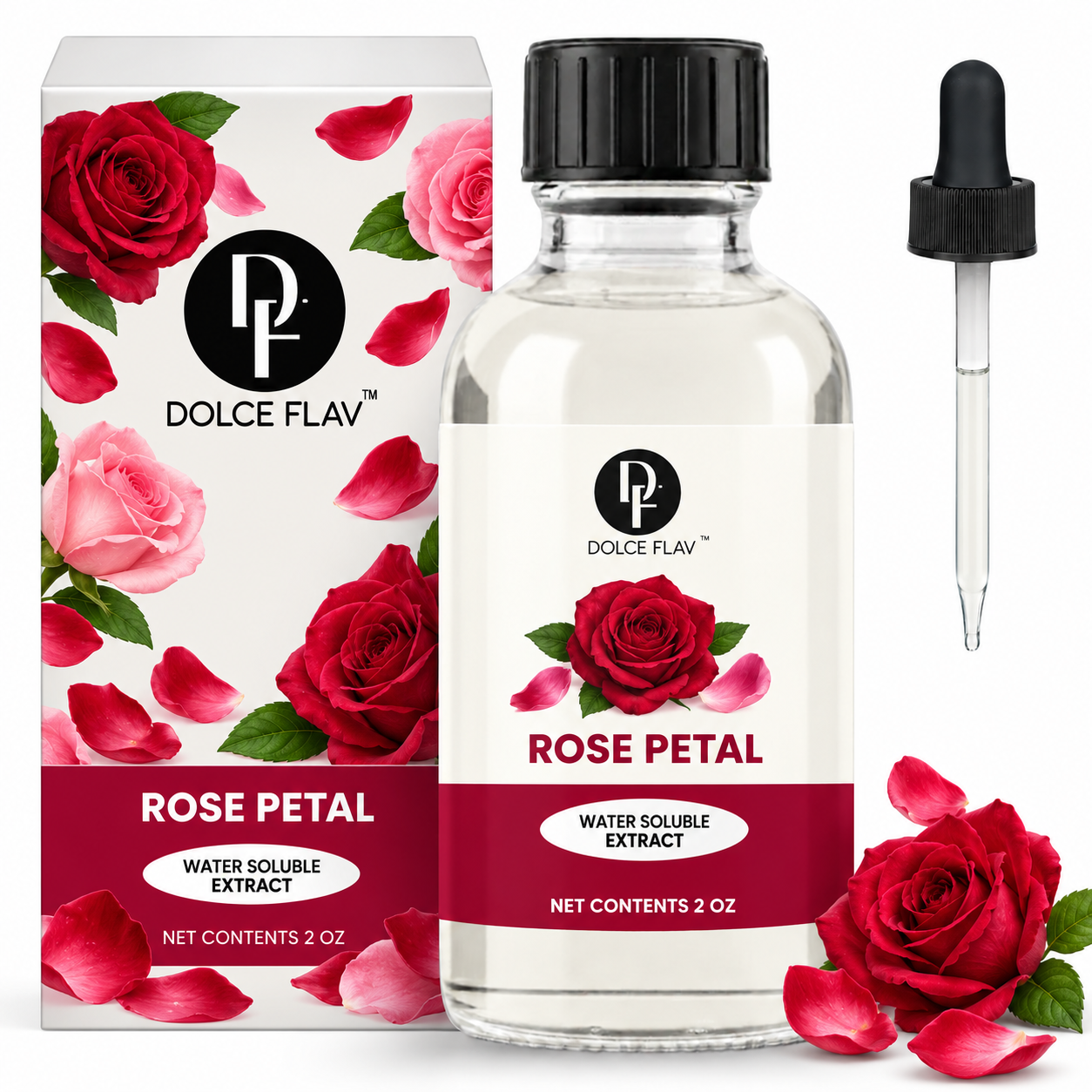 Dolce Flav Rose Petal water-soluble extract, 2 oz bottle with illustrated carton and separate dropper.