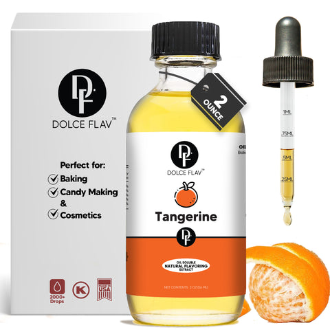 A bottle of Dolce Flav Tangerine oil flavoring with a dropper, next to a box and a partially eaten tangerine, indicating uses in baking, candy making, and cosmetics.