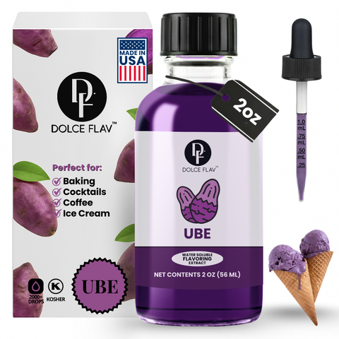 Dolce Flav UBE extract bottle with packaging, dropper, and ice cream cones on a white background