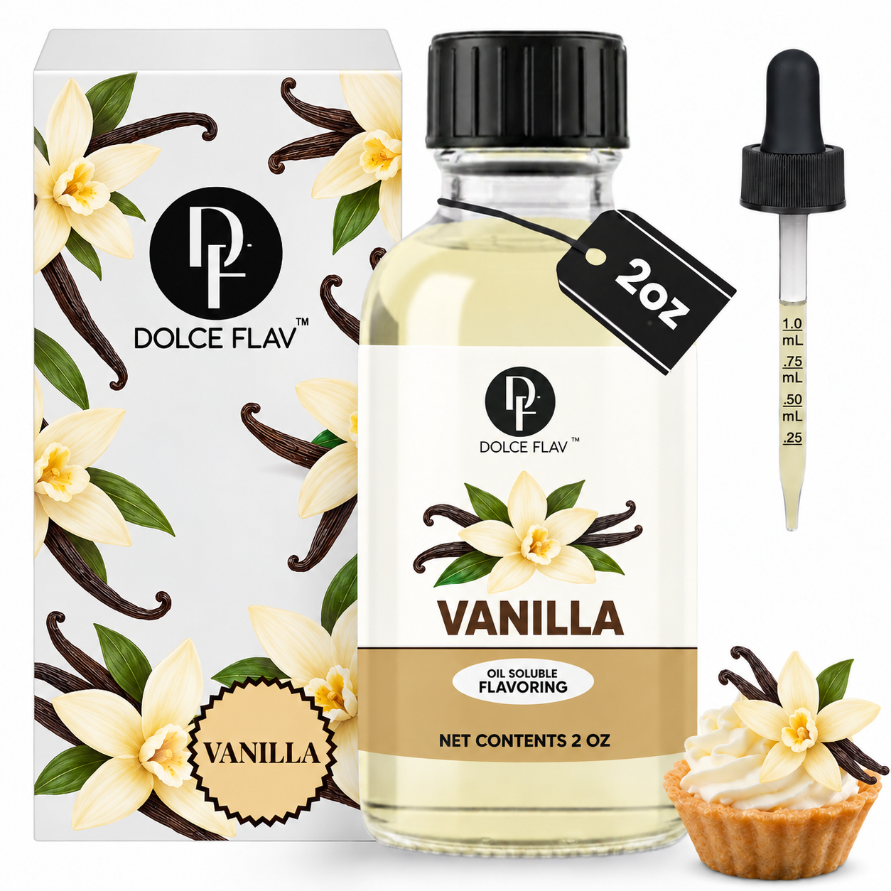 Dolce Flav Vanilla Flavoring, 2 oz oil-soluble bottle with vanilla-illustrated carton and measured dropper.