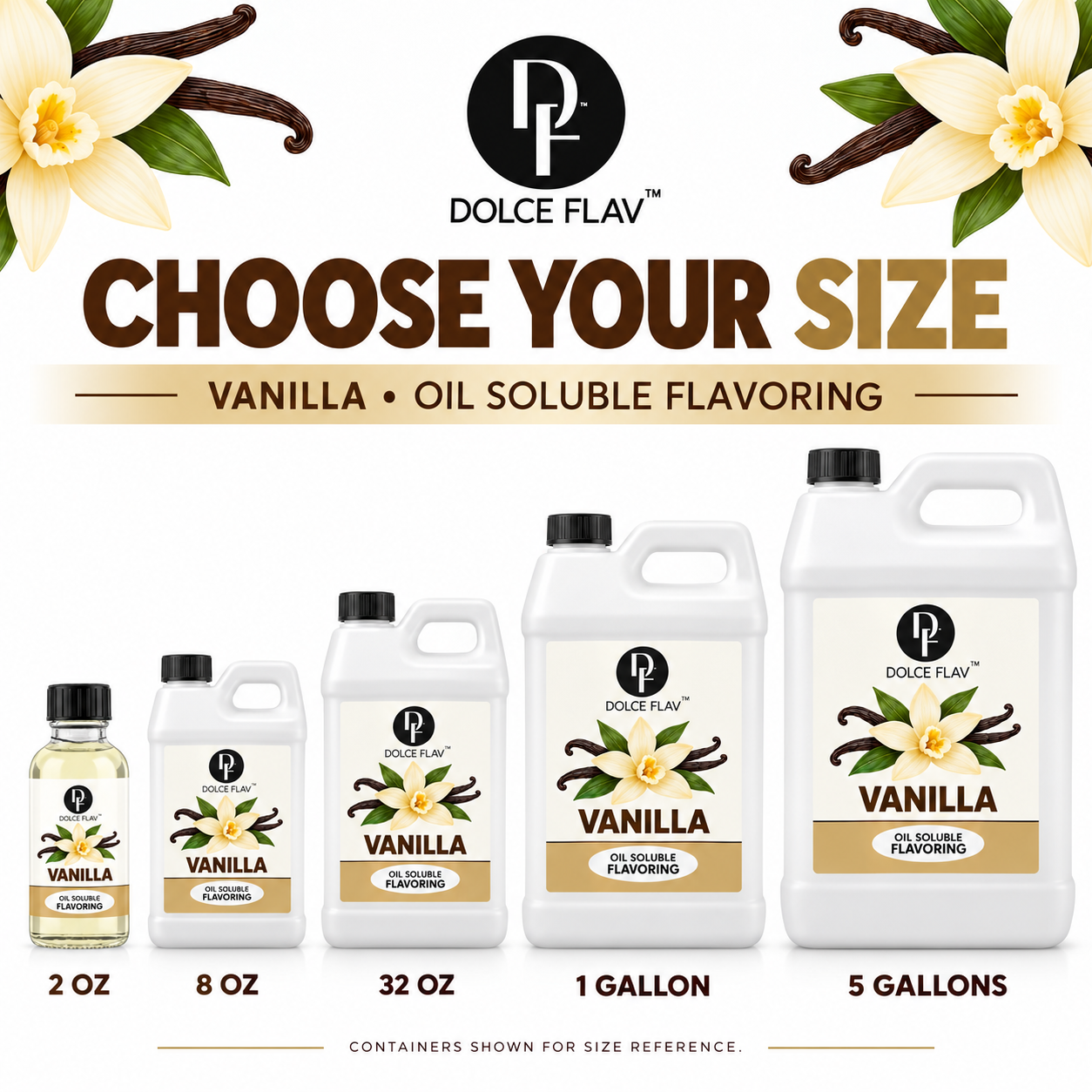 Vanilla oil-soluble flavoring sizes: 2 oz bottle and F-style jugs in 8 oz, 32 oz, 1 gallon and 5 gallons.