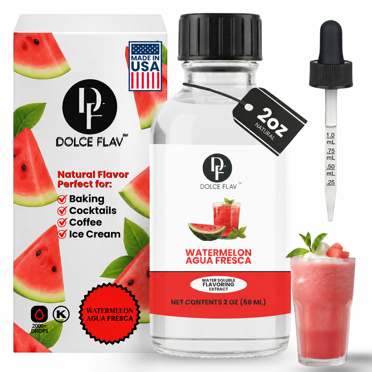Dolce Flav Watermelon Agua Fresca Extract, 2 oz water-soluble bottle with matching watermelon carton, measured dropper and watermelon drink.